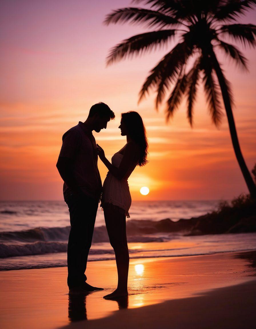 A couple enjoying a serene sunset on a beach, silhouetted against the warm hues of orange and pink, sharing an intimate moment with soft smiles and gentle touches. Surround them with delicate heart-shaped bokeh and the faint outline of love letters in the sand, evoking a sense of romance and connection. Include lush palm trees framing the scene and a tranquil ocean in the background. painterly style. vibrant colors. soft focus.