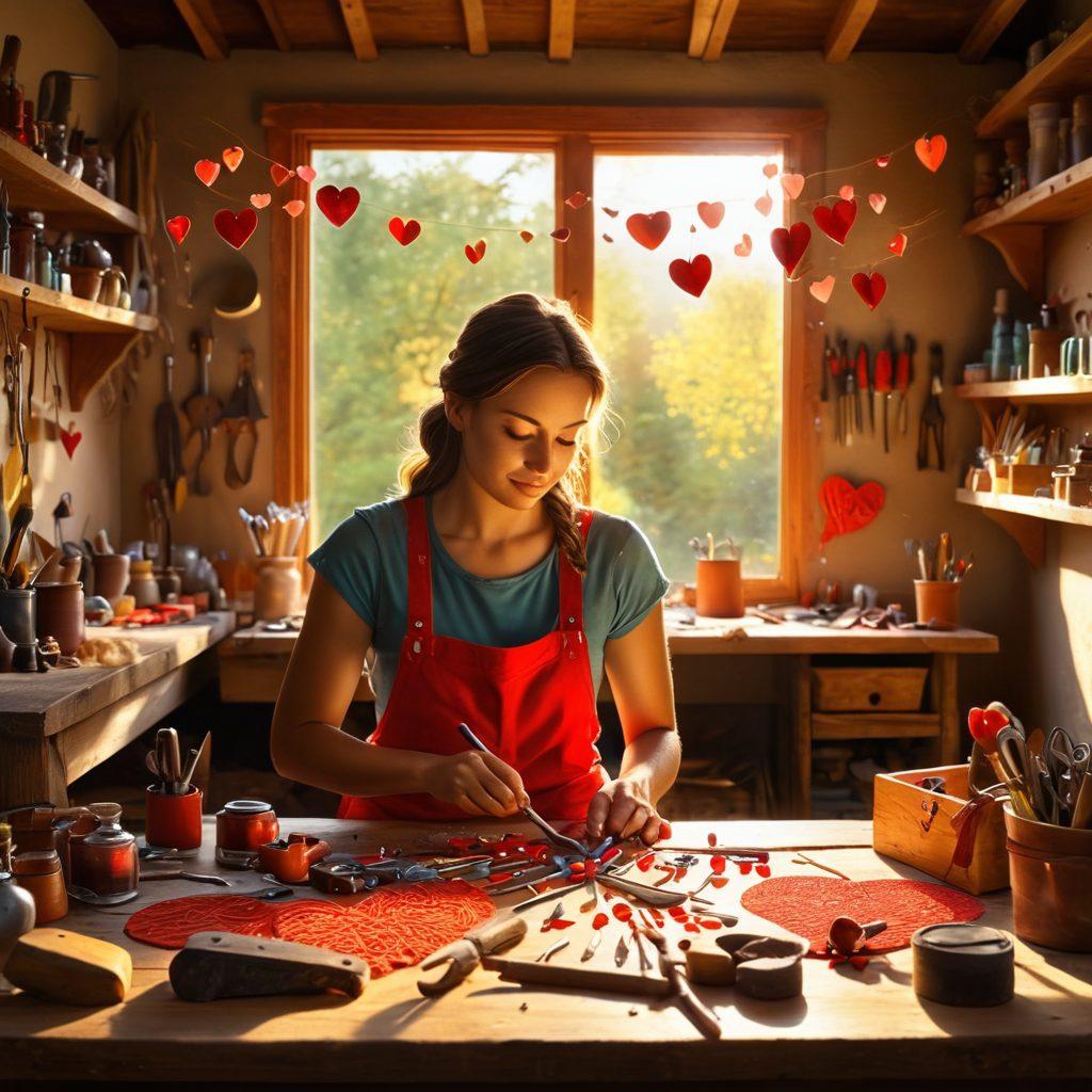 A vibrant scene depicting a person deeply immersed in their craft, surrounded by tools of their trade, with glowing hearts symbolizing passion emanating from them. In the background, a serene landscape reflects harmony and dedication, while soft rays of sunlight illuminate the scene, enhancing the emotional depth. The focus is on the expressions of joy and commitment. super-realistic. vibrant colors. soft lighting.