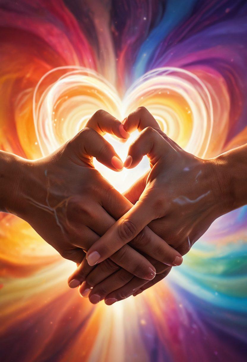 A close-up of two hands intertwined, glowing softly with a warm light, symbolizing connection and intimacy. In the background, abstract swirls of colors weave together like a bond, representing the mysteries of soulmates. Include subtle heart shapes formed by the light surrounding them. ethereal glow. super-realistic. vibrant colors.